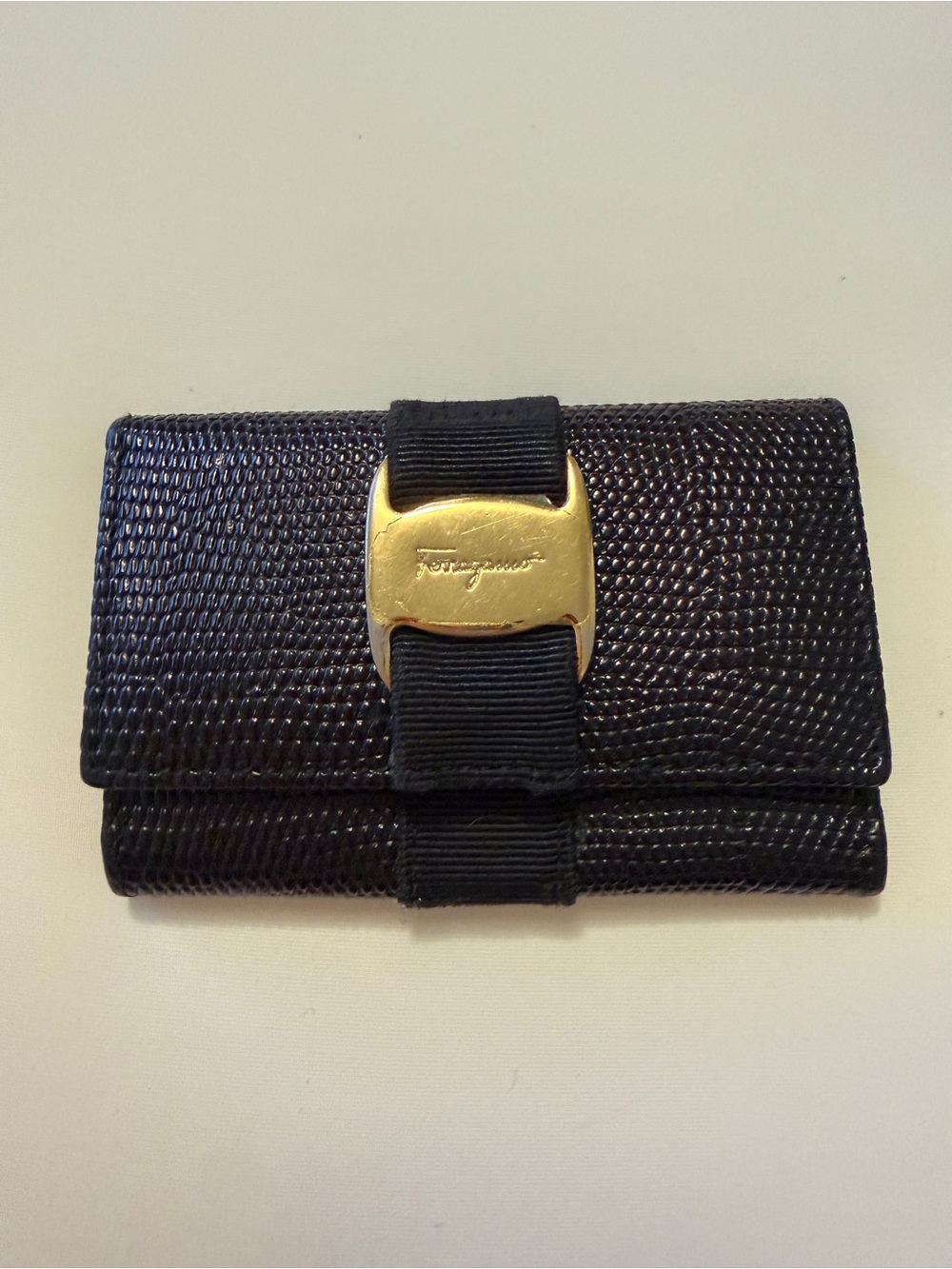 Vintage Salvatore Ferragamo Black Leather Card Holder with Gold hardware